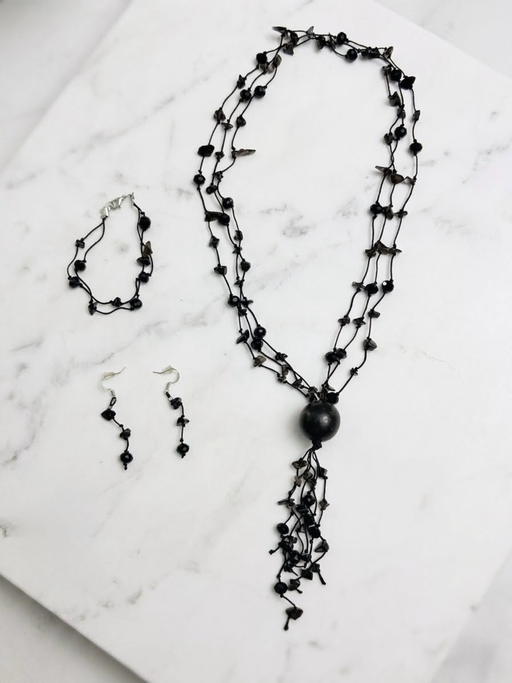 3pc Black Beaded Lariat Tassel Necklace Set